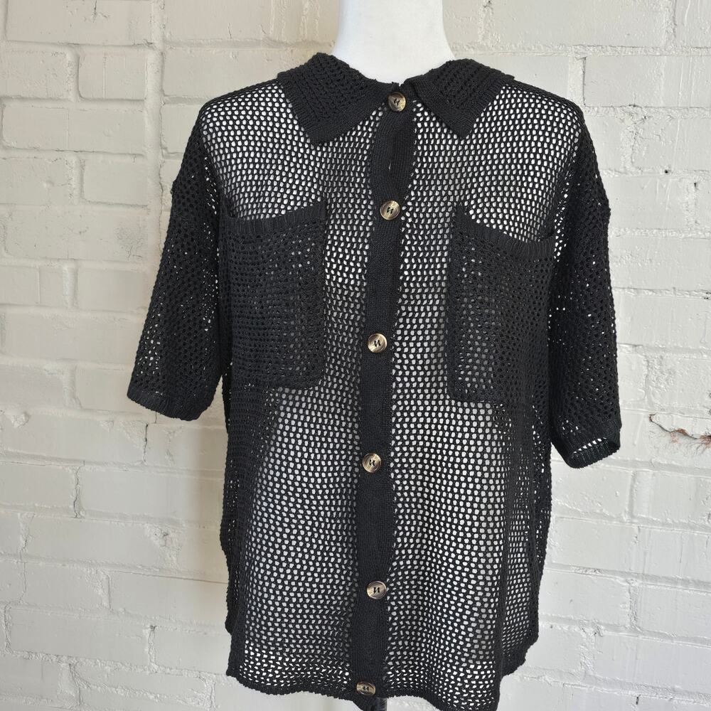Black Open Knit Button Up Shirt┃Edgy Indie Sleaze Whimsigoth Mesh Blouse┃Grunge
